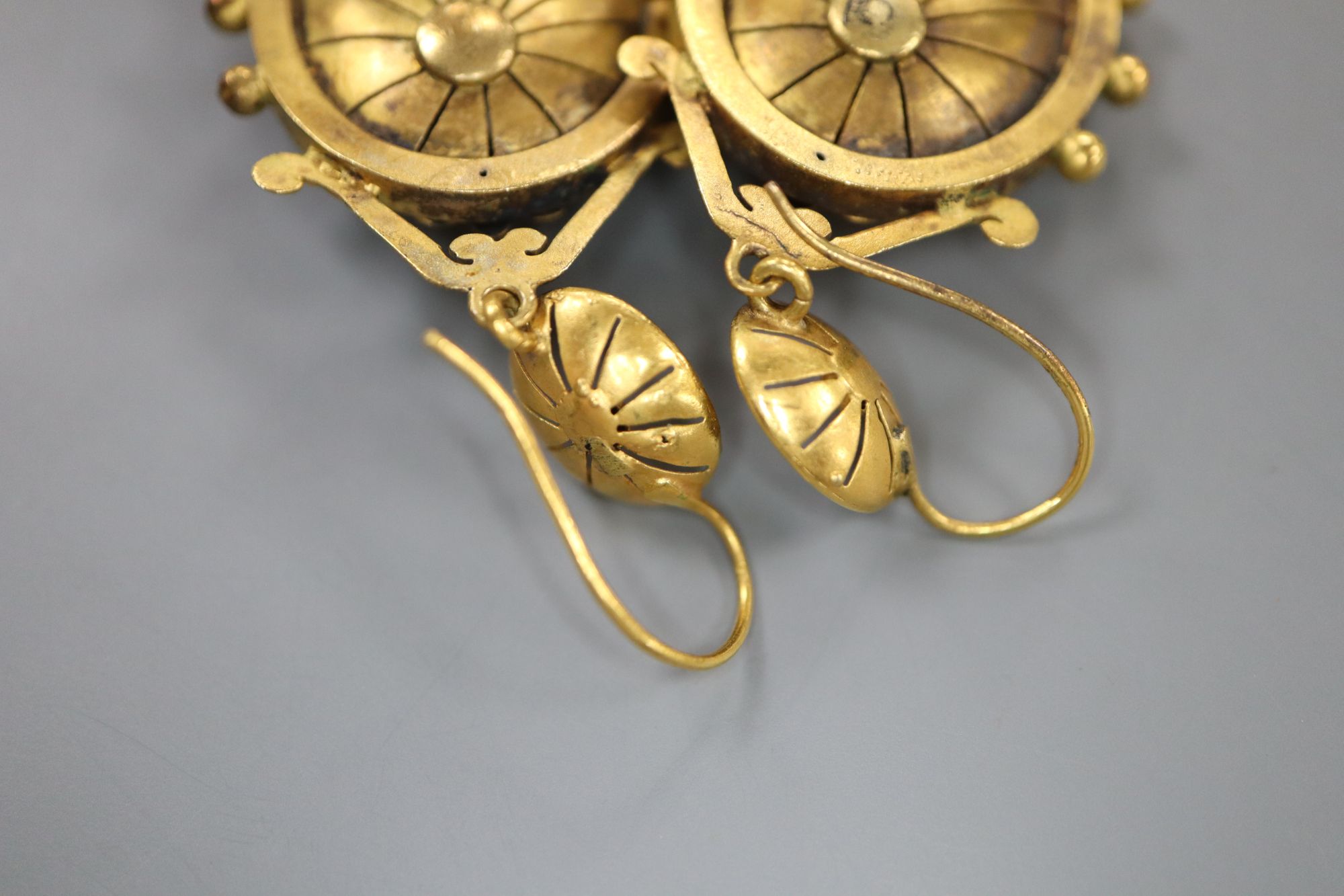 A pair of Victorian Etruscan revival yellow metal oval drop earrings, 43mm, 8.2 grams.